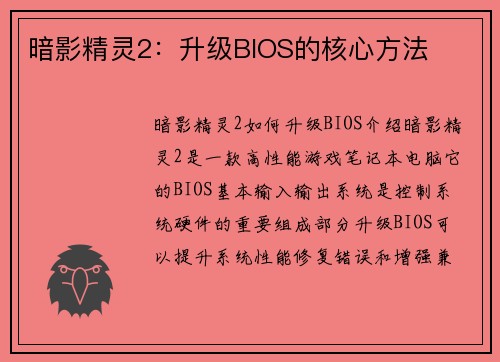 暗影精灵2：升级BIOS的核心方法