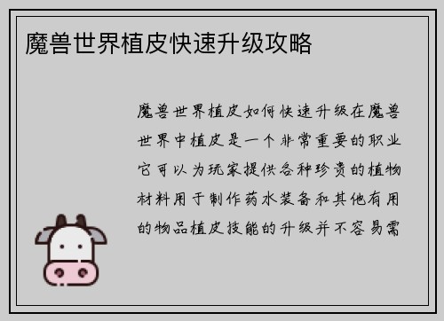 魔兽世界植皮快速升级攻略